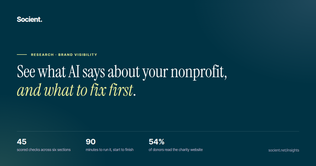 See what AI says about your nonprofit, and what to fix first. A research report from the Socient Research Lab.