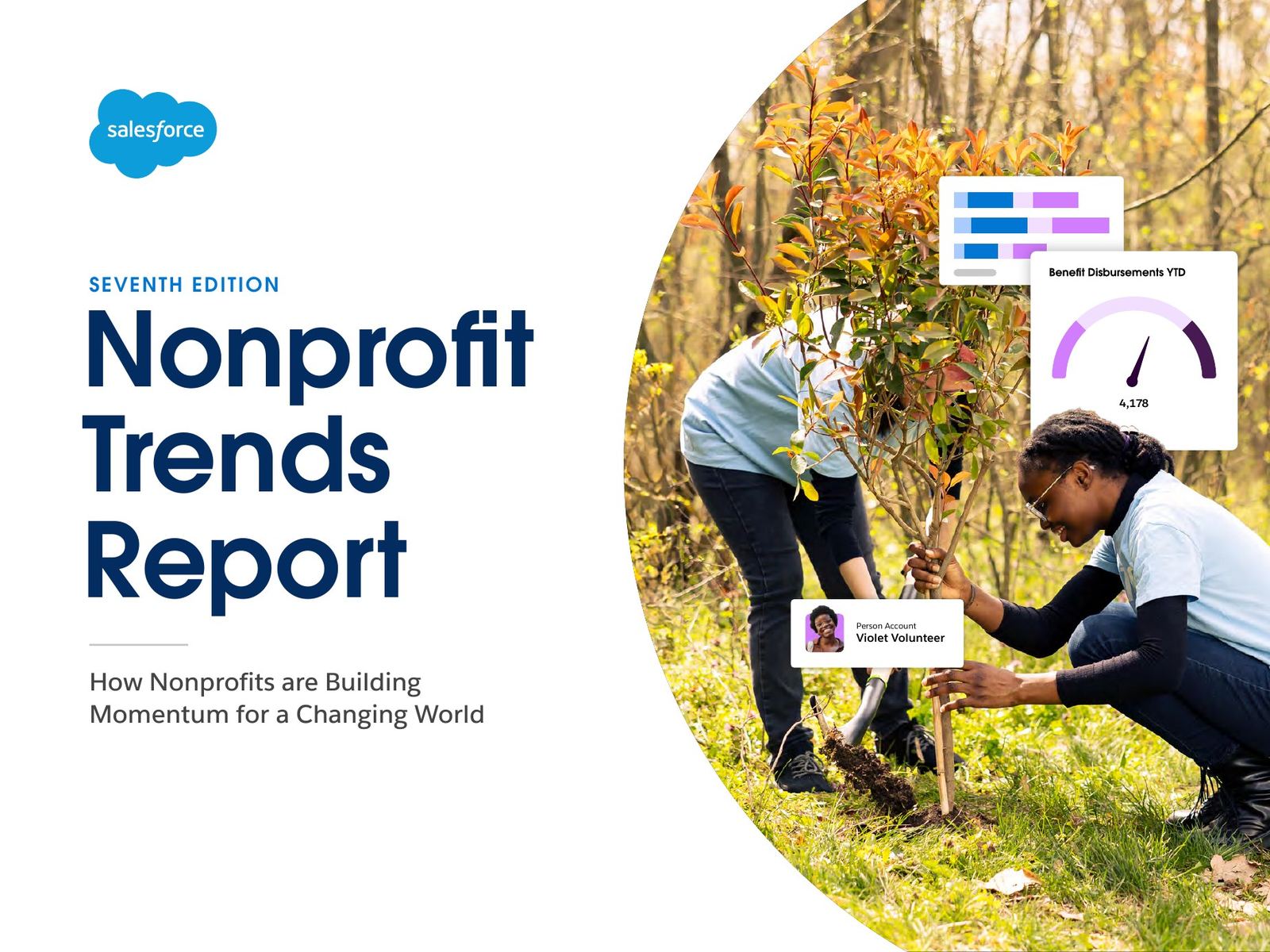 Cover of the Salesforce Nonprofit Trends Report, seventh edition: How Nonprofits are Building Momentum for a Changing World